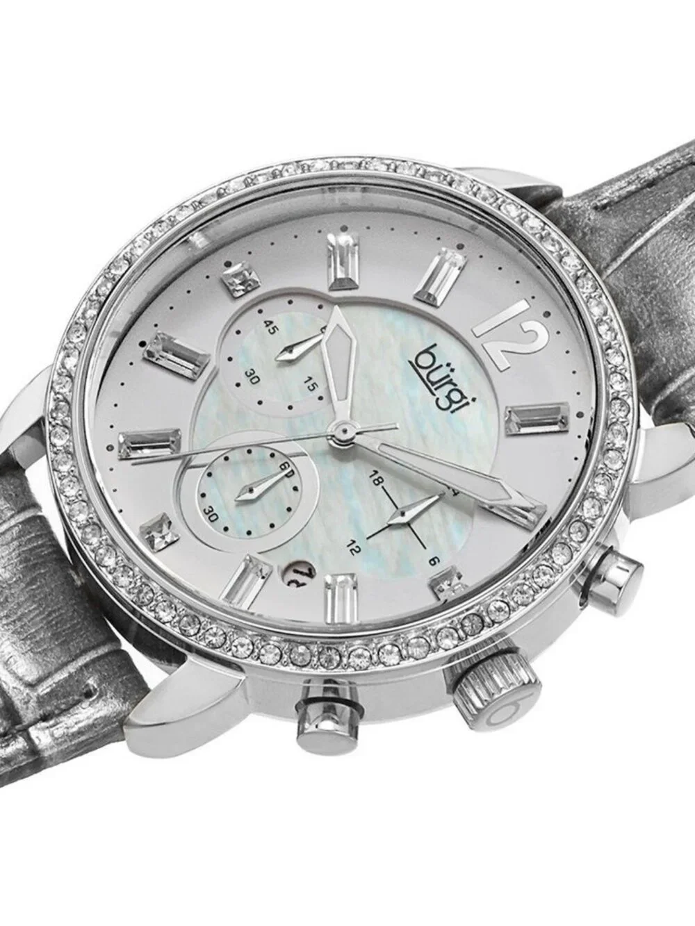 NWT Burgi Crystal Chronograph Grey Leather Mother of Pearl  display picture 2